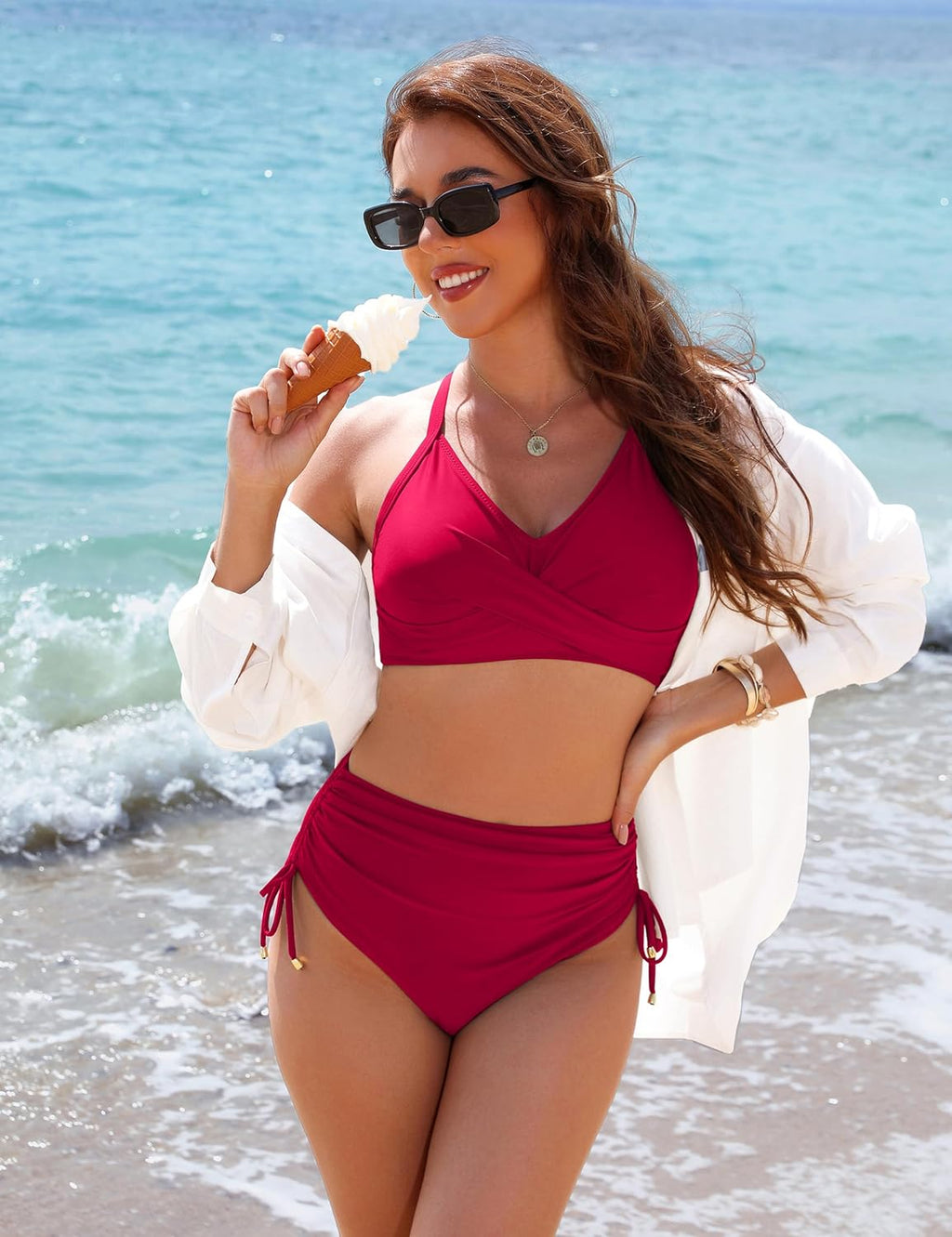 Emoswims - Womens High Waisted Bikini Sets Drawstring Tummy Control Swimsuits Crisscross Tie Back Bathing Suit