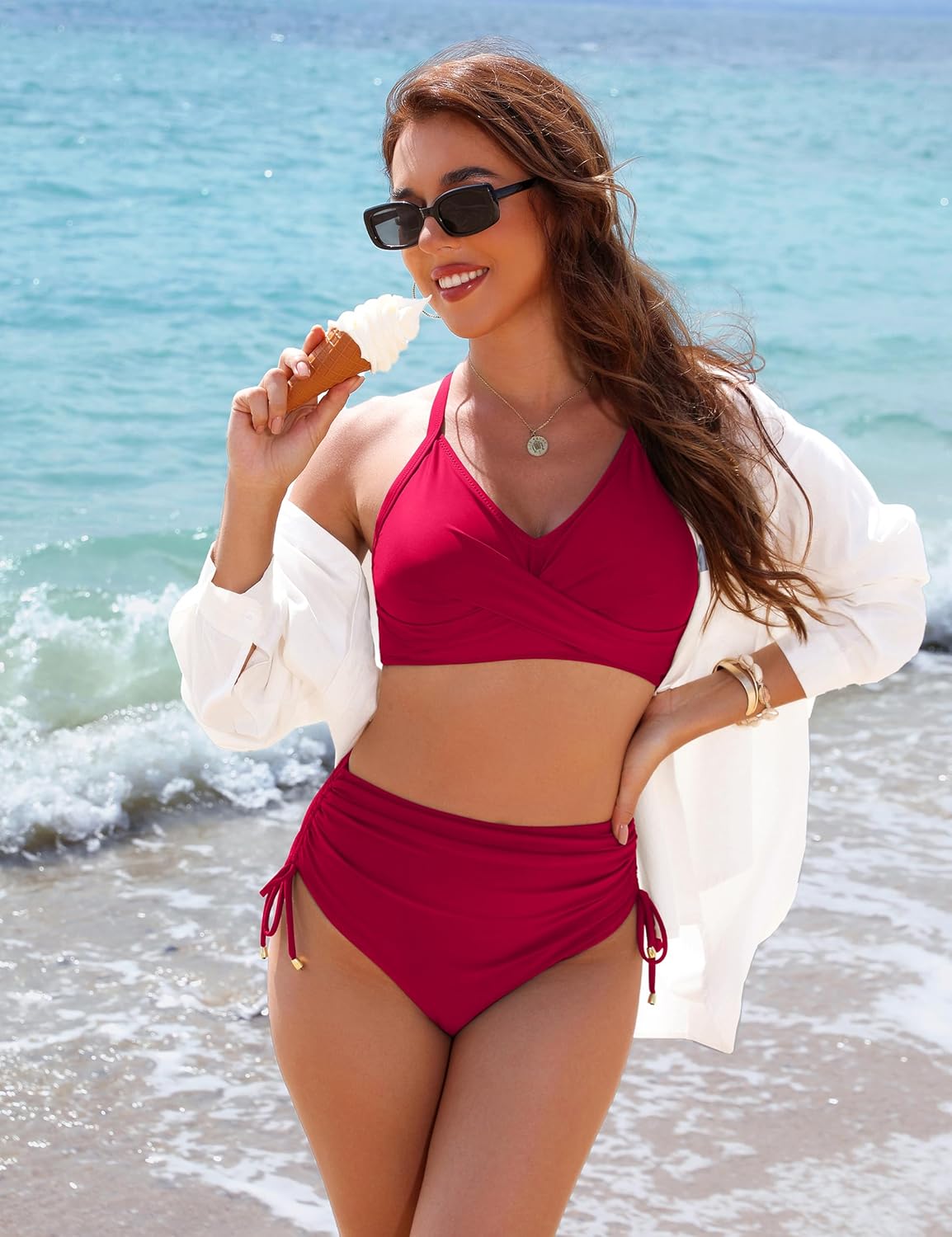 Emoswims - Womens High Waisted Bikini Sets Drawstring Tummy Control Swimsuits Crisscross Tie Back Bathing Suit