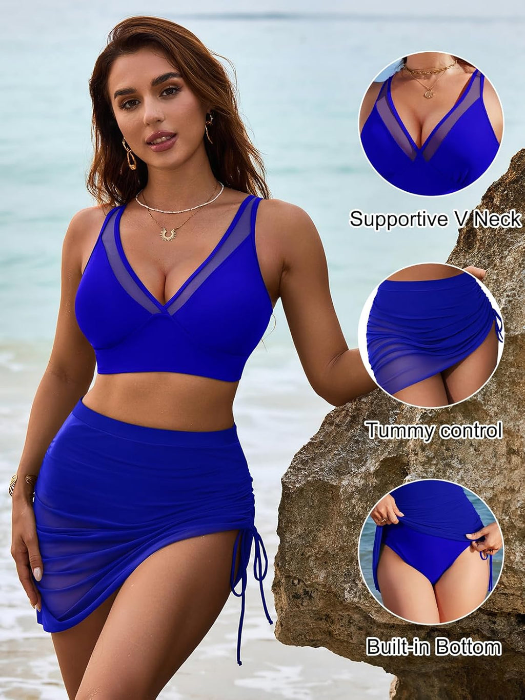 Emoswims - Womens Swim Skirt High Waisted Bikini Sets Tummy Control Swimsuits Mesh Sarong Wraps Bathing Suits