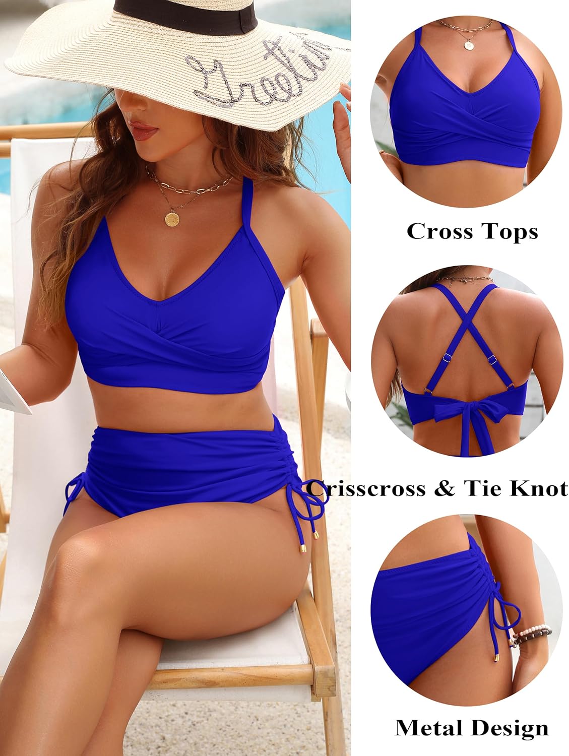 Emoswims - Womens High Waisted Bikini Sets Drawstring Tummy Control Swimsuits Crisscross Tie Back Bathing Suit
