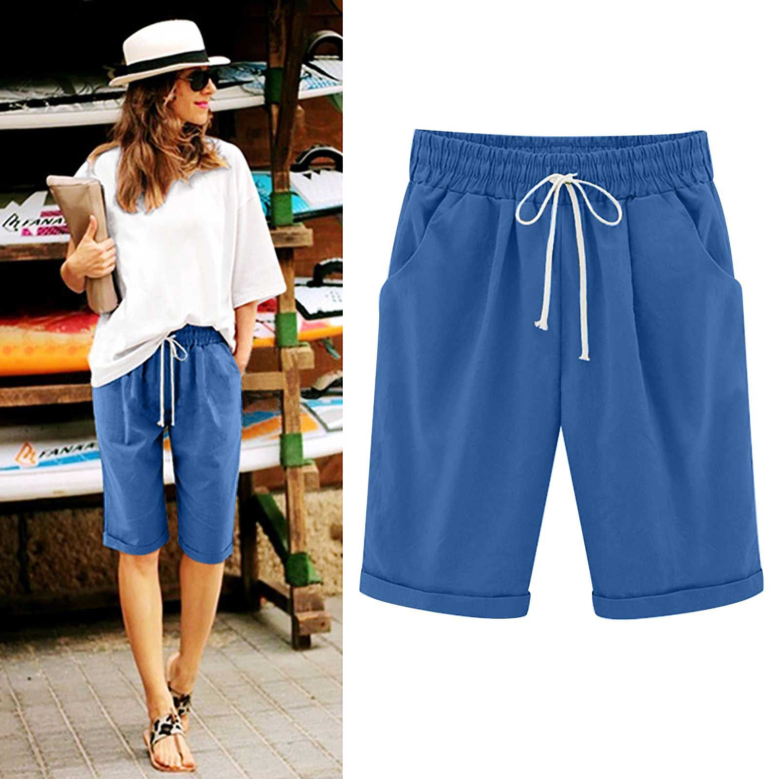 Emoswims - Women's Elastic Waist Knee Length Casual Cotton Bermuda Shorts with Drawstring