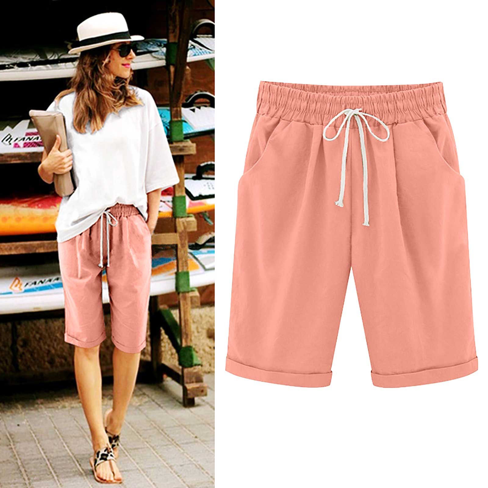 Emoswims - Women's Elastic Waist Knee Length Casual Cotton Bermuda Shorts with Drawstring