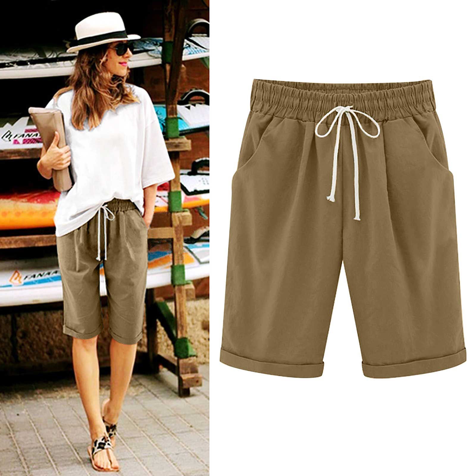 Emoswims - Women's Elastic Waist Knee Length Casual Cotton Bermuda Shorts with Drawstring