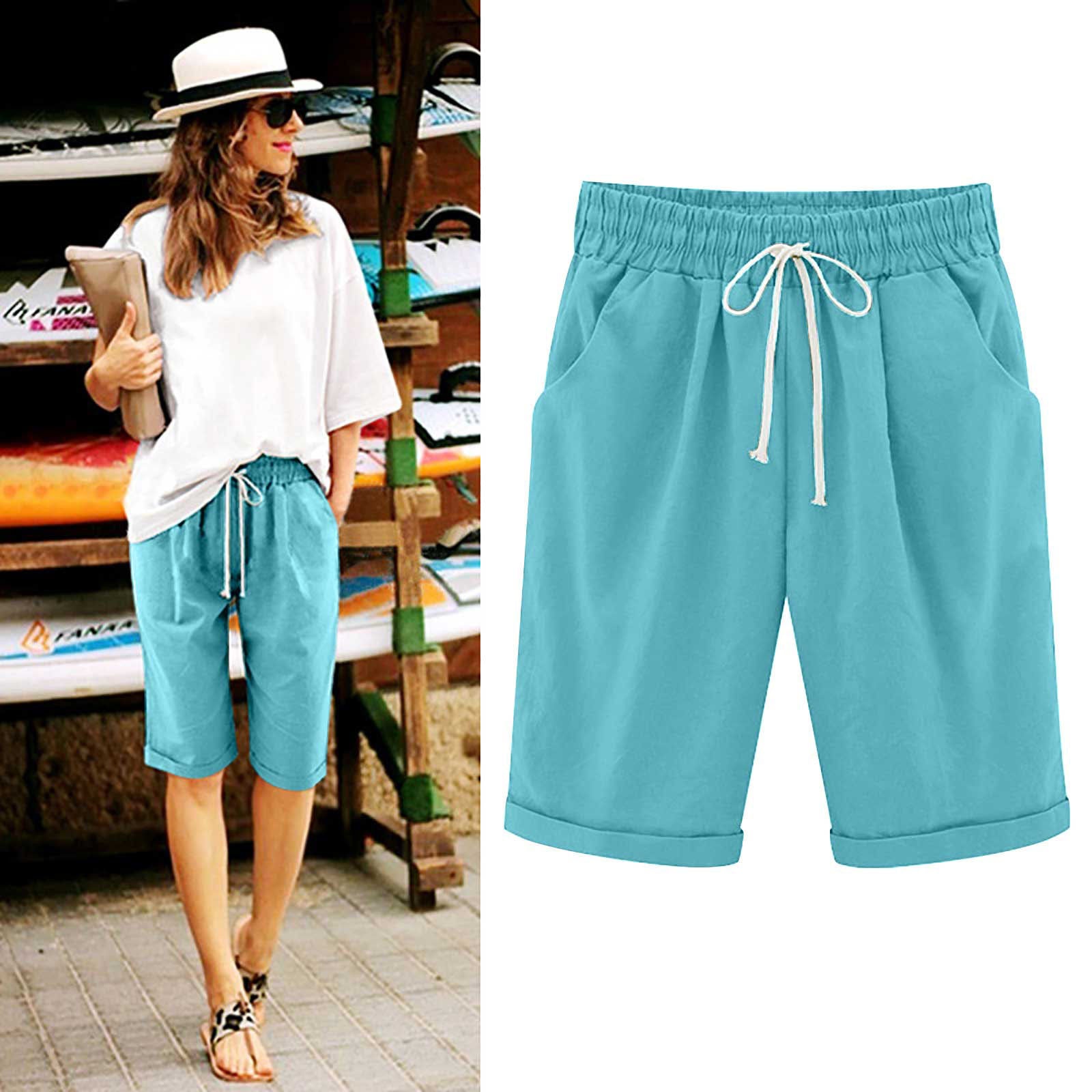 Emoswims - Women's Elastic Waist Knee Length Casual Cotton Bermuda Shorts with Drawstring