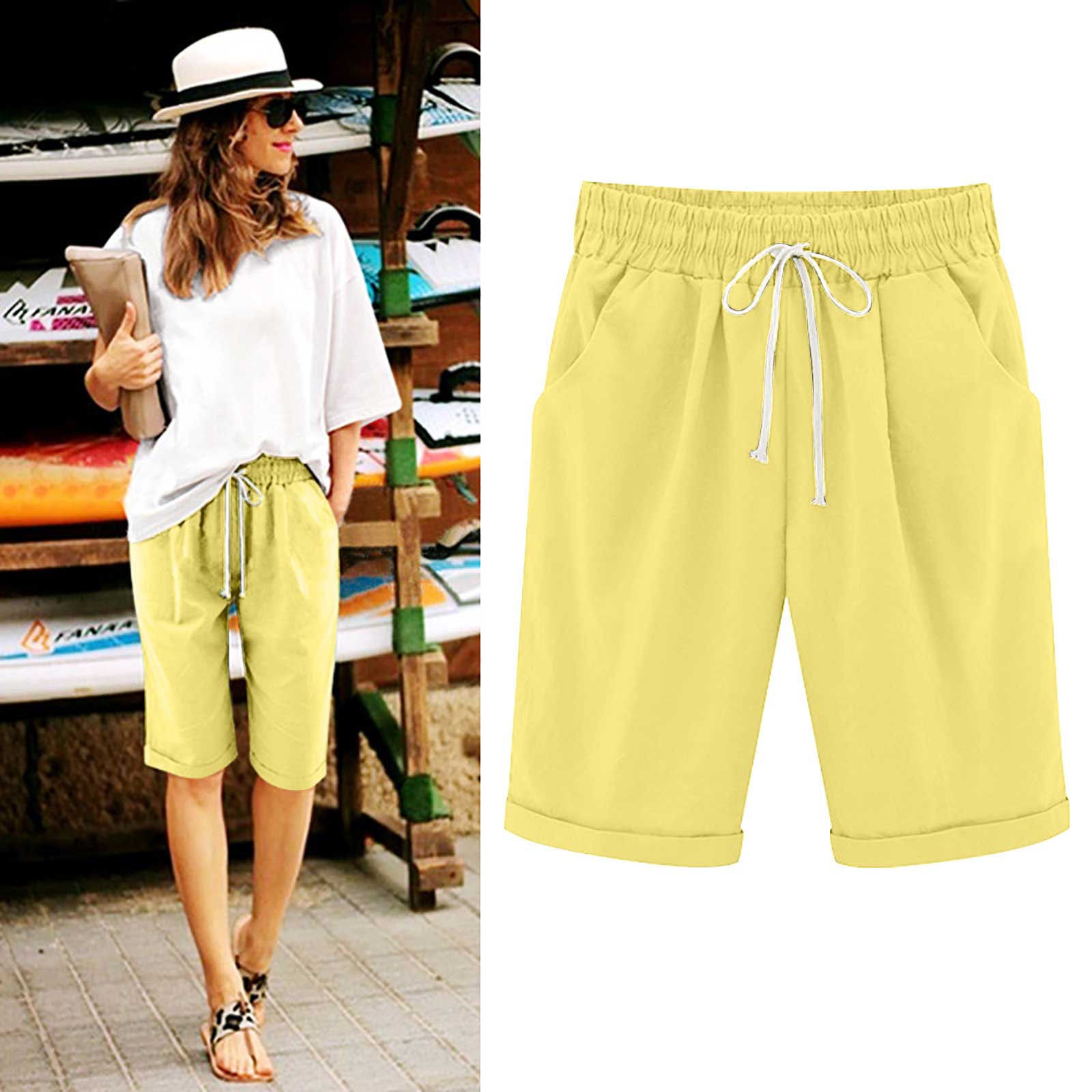 Emoswims - Women's Elastic Waist Knee Length Casual Cotton Bermuda Shorts with Drawstring