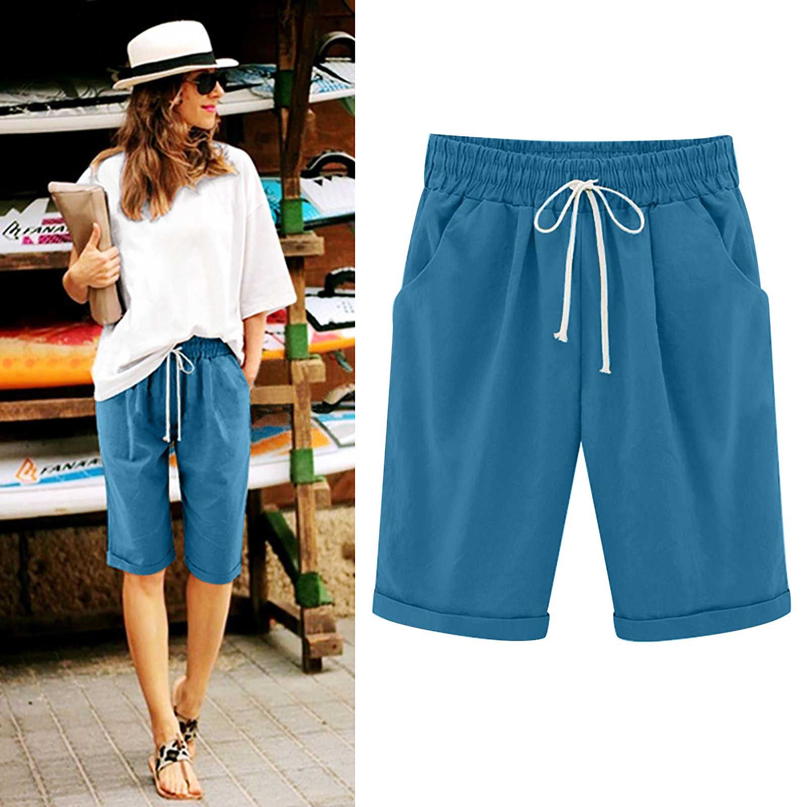 Emoswims - Women's Elastic Waist Knee Length Casual Cotton Bermuda Shorts with Drawstring