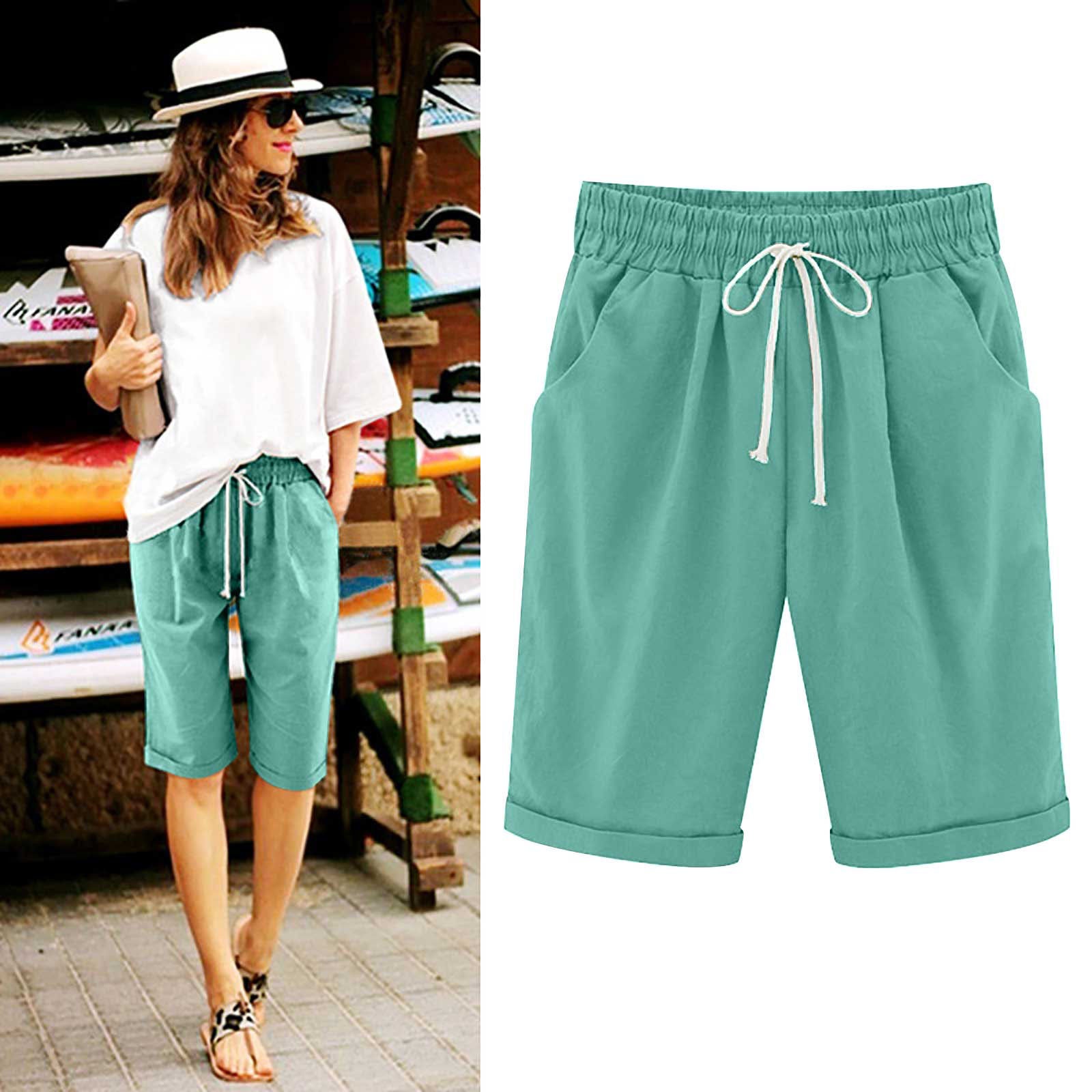 Emoswims - Women's Elastic Waist Knee Length Casual Cotton Bermuda Shorts with Drawstring