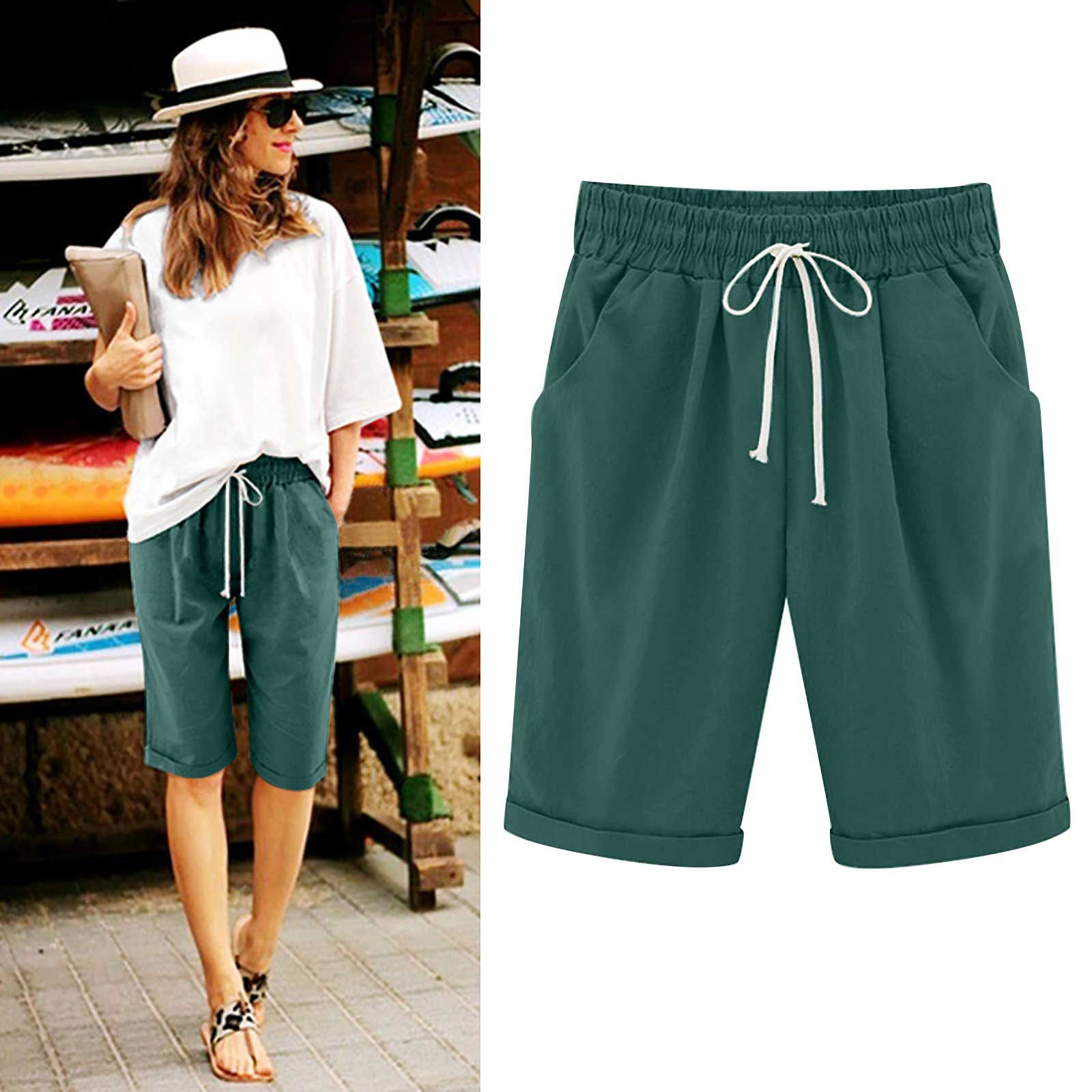 Emoswims - Women's Elastic Waist Knee Length Casual Cotton Bermuda Shorts with Drawstring