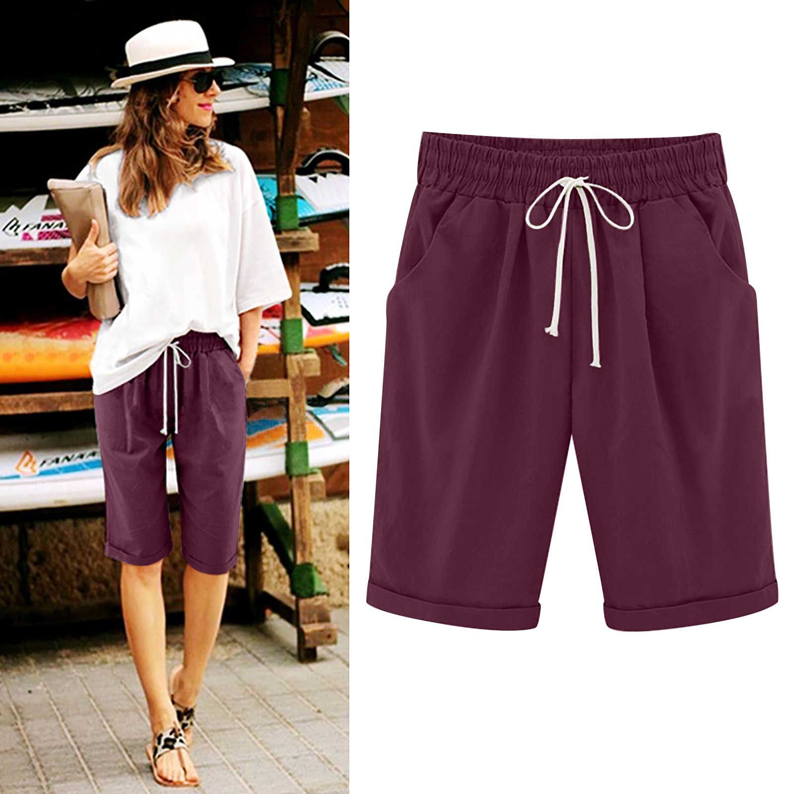 Emoswims - Women's Elastic Waist Knee Length Casual Cotton Bermuda Shorts with Drawstring