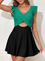 Emoswims - Women's One Piece Swimsuit Ruffle Cutout Swimdress Tummy Control V Neck Wrap Swimwear