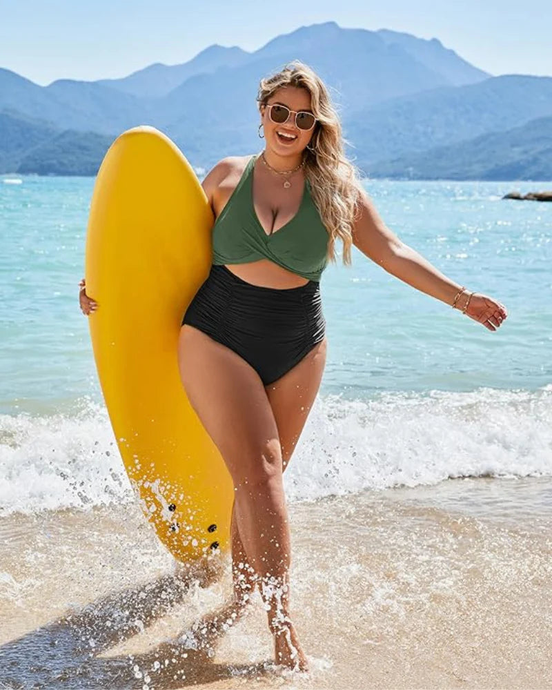 Emoswims - Womens One Piece Swimsuits Push Up Tummy Control Bathing Suits V Neck Cutout Modest Swimwear
