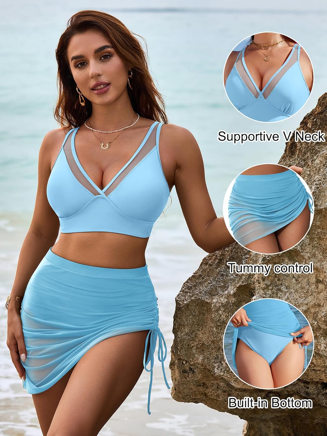 Emoswims - Womens Swim Skirt High Waisted Bikini Sets Tummy Control Swimsuits Mesh Sarong Wraps Bathing Suits