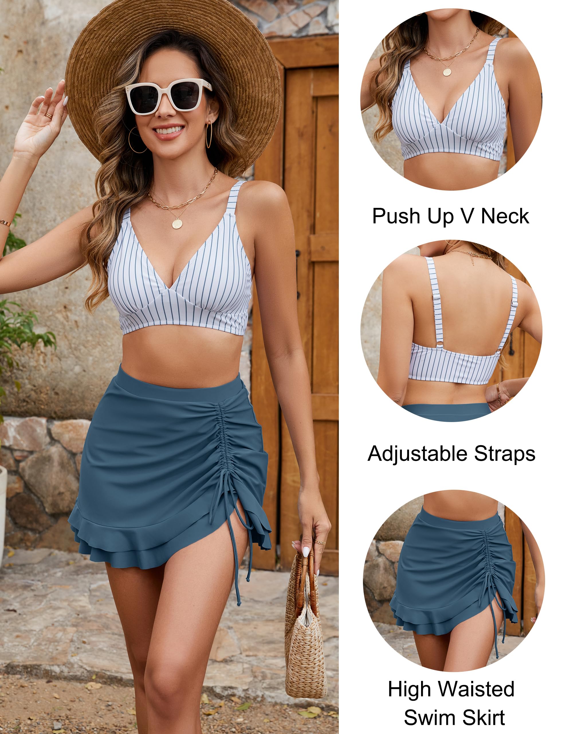 Emoswims - Women's High Waisted Bikini Sets Tummy Control Swim Skirt Two Piece Swim Suit