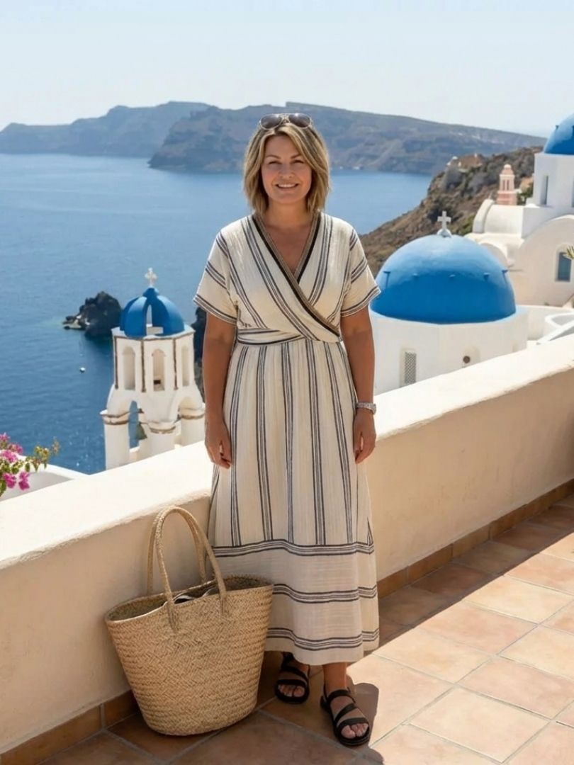 GENEVIEVE | Vestido midi con escote en V, mangas cortas y cintura cruzada