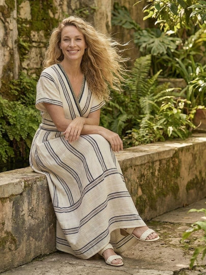 GENEVIEVE | Vestido midi con escote en V, mangas cortas y cintura cruzada