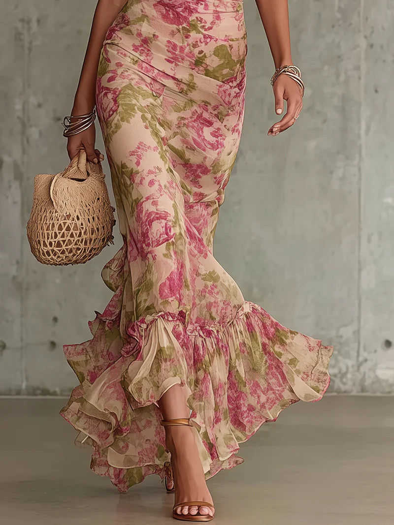Gabriel Moreno - Vestido Maxi con Estampado Rosa Vintage y Mangas Abullonadas (Accesorios no incluidos)