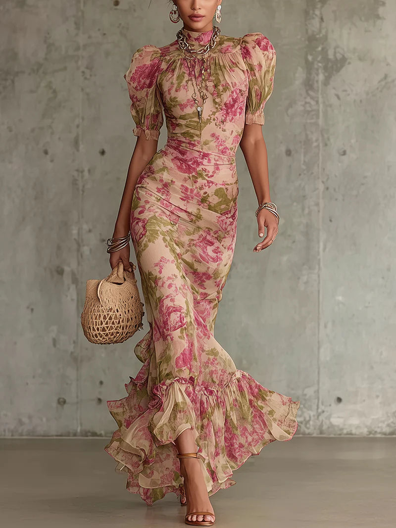 Gabriel Moreno - Fiora | Vestido Maxi Romántico Vintage de Rosa con Mangas Abullonadas