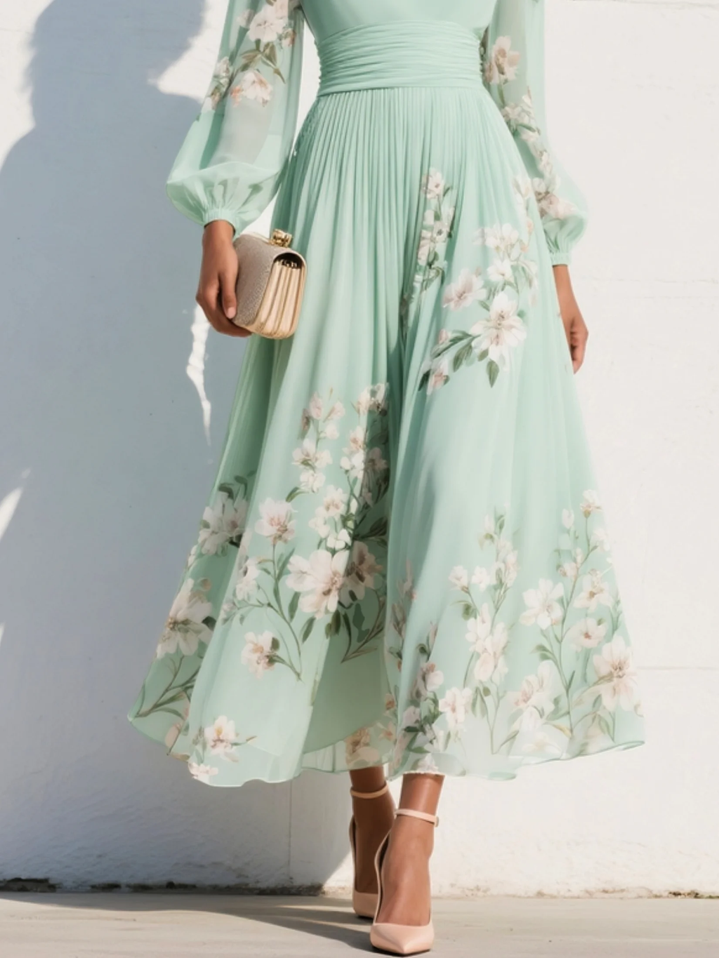 Gabriel Moreno - Vestido Maxi Plisado de Gasa Verde Menta con Estampado Floral