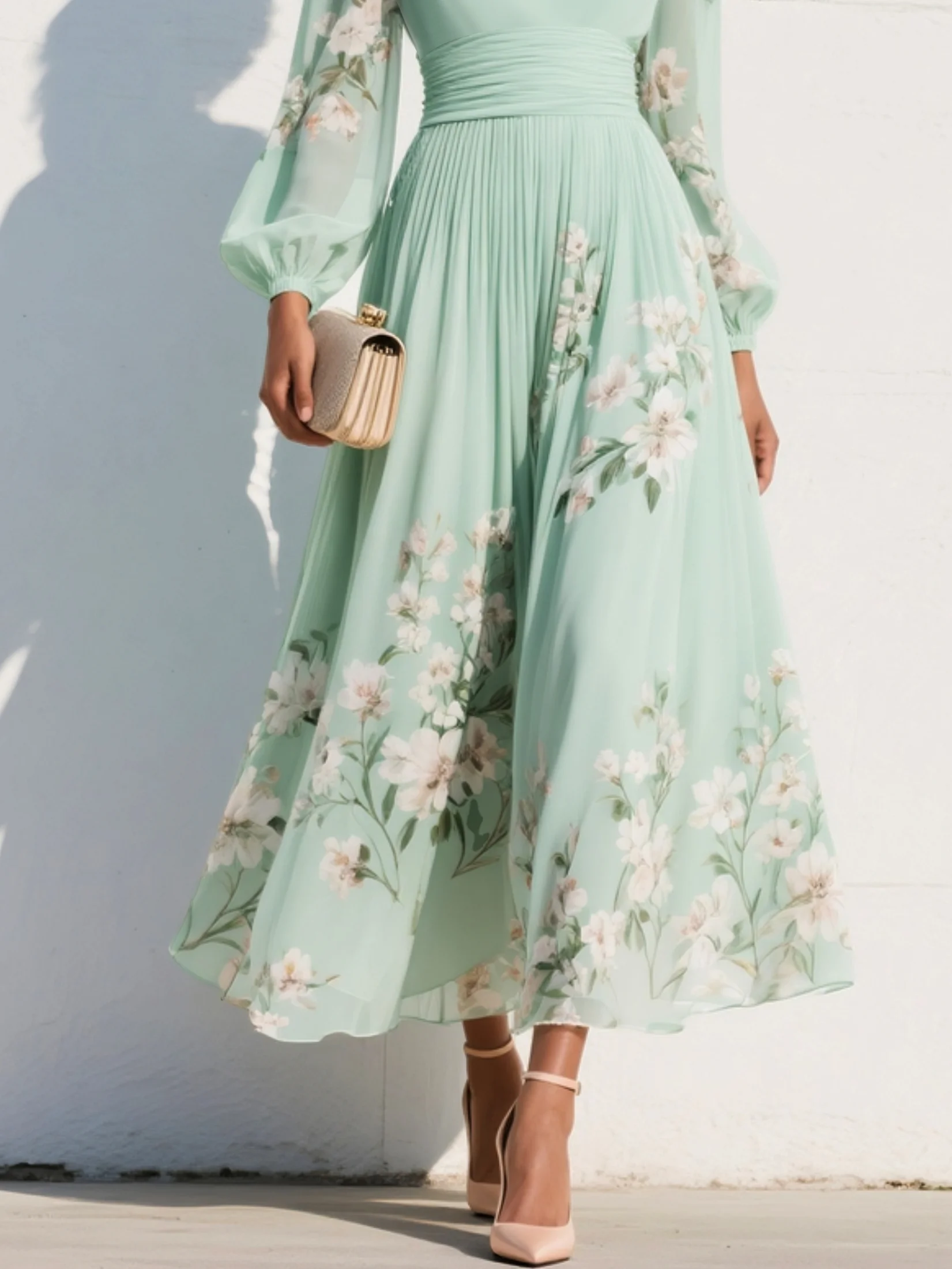 Gabriel Moreno - Vestido Maxi Plisado de Gasa Verde Menta con Estampado Floral