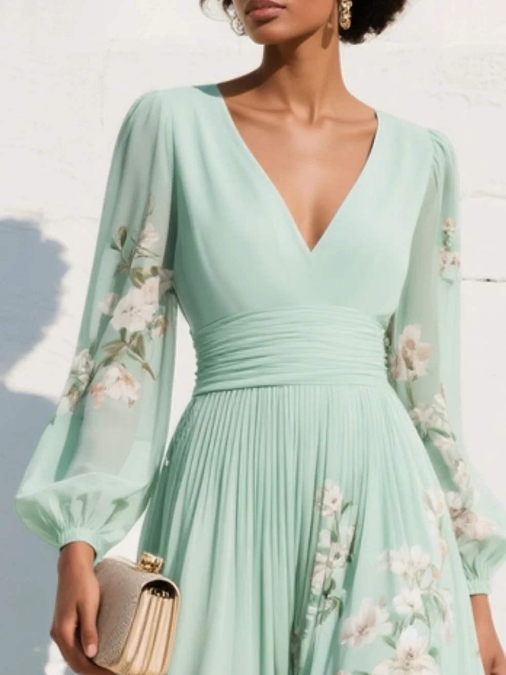 Gabriel Moreno - Vestido Maxi Plisado de Gasa Verde Menta con Estampado Floral
