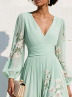Gabriel Moreno - Vestido Maxi Plisado de Gasa Verde Menta con Estampado Floral