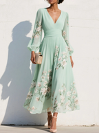 Gabriel Moreno - Vestido Maxi Plisado de Gasa Verde Menta con Estampado Floral