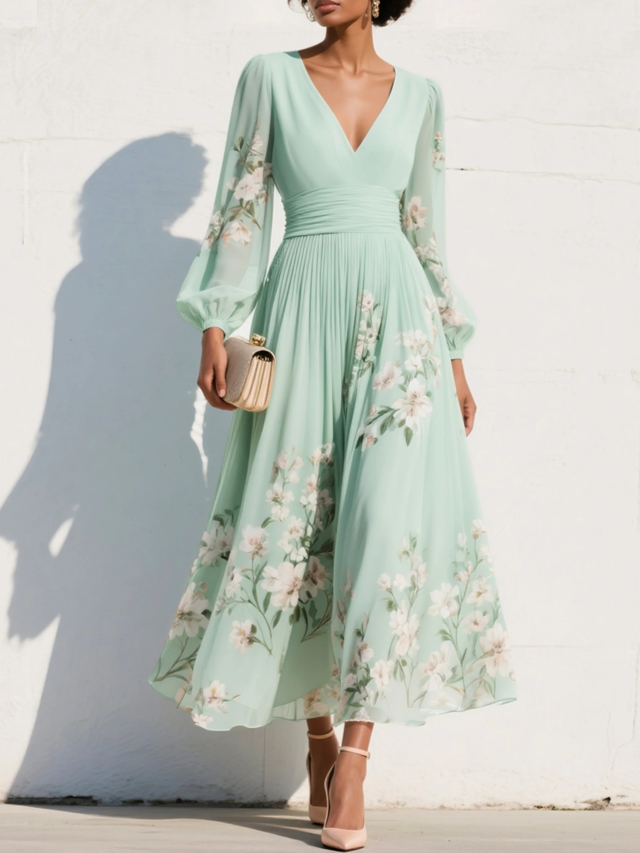 Gabriel Moreno - Vestido Maxi Plisado de Gasa Verde Menta con Estampado Floral