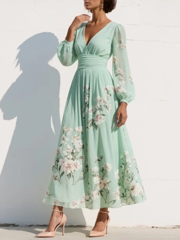 Gabriel Moreno - Vestido Maxi Plisado de Gasa Verde Menta con Estampado Floral