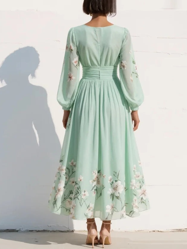 Gabriel Moreno - Vestido Maxi Plisado de Gasa Verde Menta con Estampado Floral