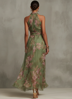 Gabriel Moreno - Serena — Vestido Maxi Halter de Gasa Floral Elegante