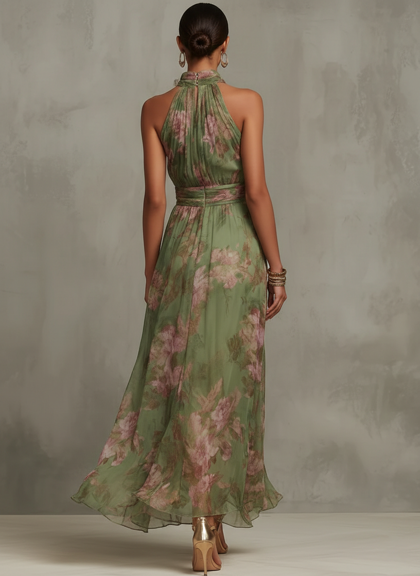 Gabriel Moreno - Serena — Vestido Maxi Halter de Gasa Floral Elegante