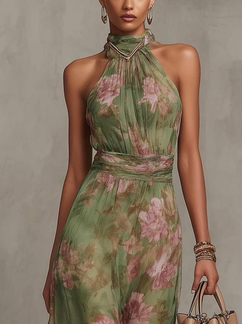 Gabriel Moreno - Serena — Vestido Maxi Halter de Gasa Floral Elegante