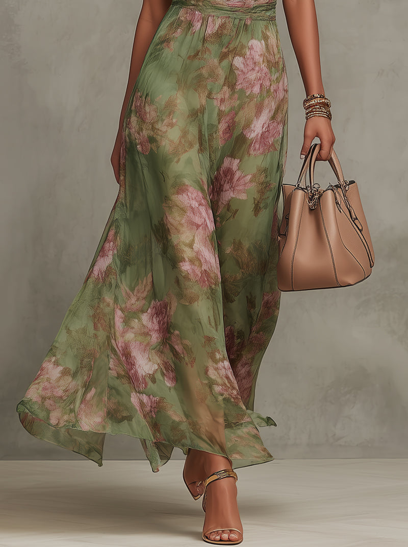Gabriel Moreno - Serena — Vestido Maxi Halter de Gasa Floral Elegante