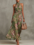 Gabriel Moreno - Serena — Vestido Maxi Halter de Gasa Floral Elegante