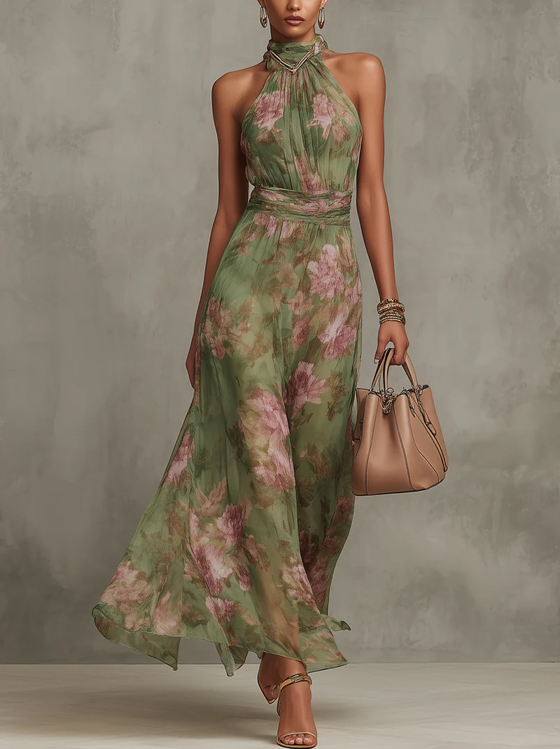 Gabriel Moreno - Serena — Vestido Maxi Halter de Gasa Floral Elegante