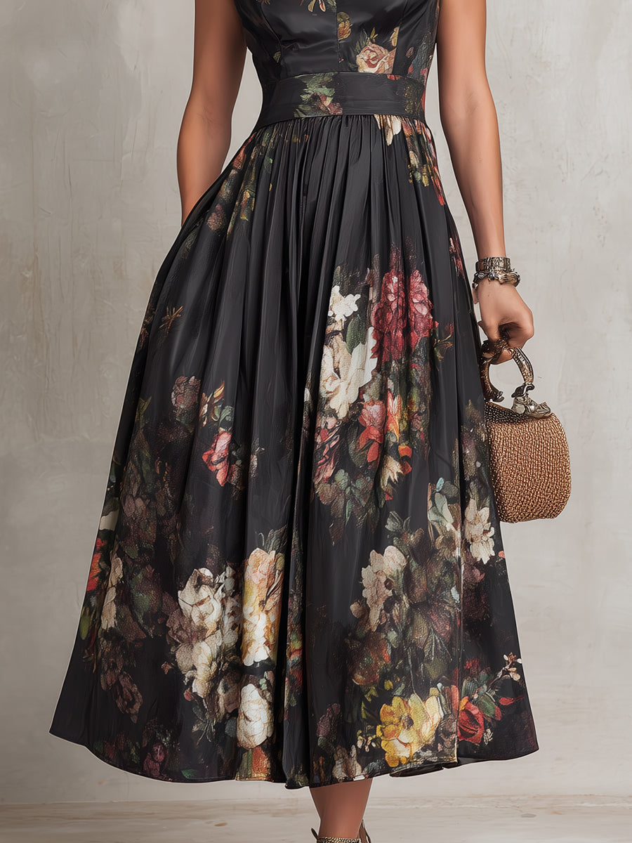 Gabriel Moreno - Violetta - Vestido Midi Negro de Satén Plisado con Estampado Floral y Cuello de Ojo de Cerradura