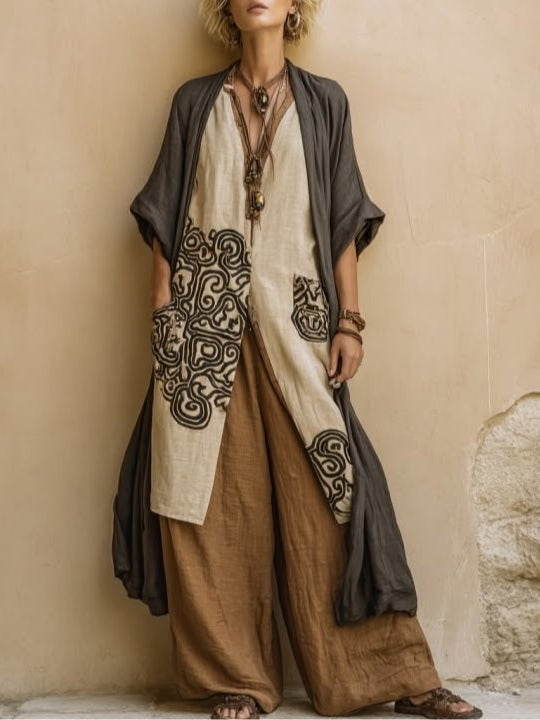Gabriel Moreno - Giulia - Conjunto Bohemio de Tres Piezas en Gris Oscuro y Marrón con Patrón Tribal