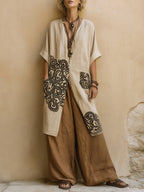 Gabriel Moreno - Giulia - Conjunto Bohemio de Tres Piezas en Gris Oscuro y Marrón con Patrón Tribal