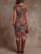 Gabriel Moreno - Martina - Vestido Midi Plisado con Escote V y Estampado de Arte Abstracto Bohemio