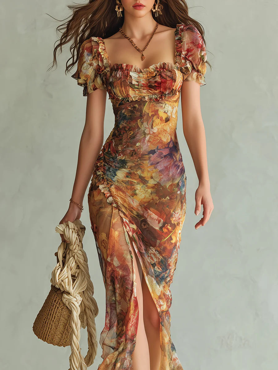Gabriel Moreno - Vestido Maxi en Chifón Naranja Bohemio con Estampado Pintura al Óleo