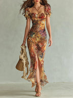 Gabriel Moreno - Viola | Vestido Largo de Gasa Naranja con Estampado de Pintura al Óleo Bohemio