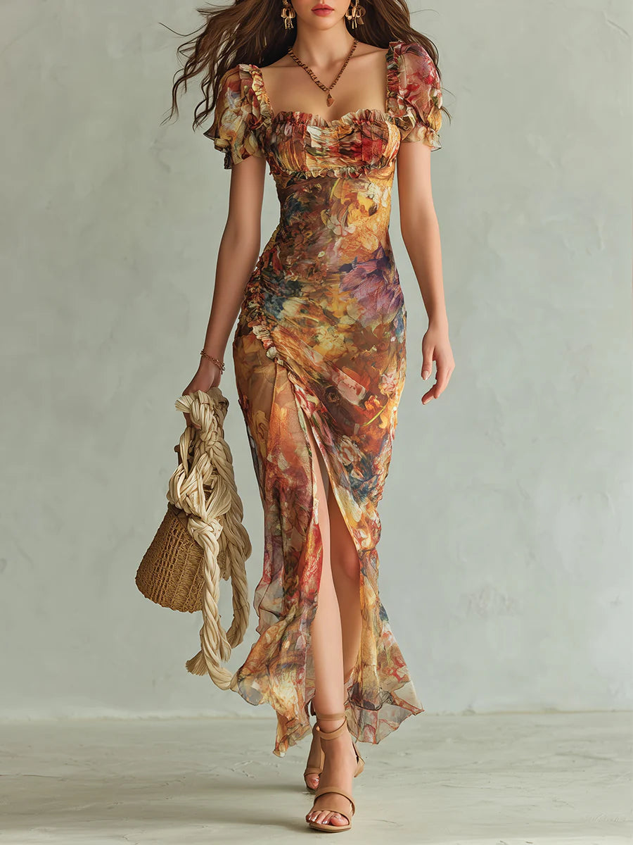 Gabriel Moreno - Vestido Maxi en Chifón Naranja Bohemio con Estampado Pintura al Óleo