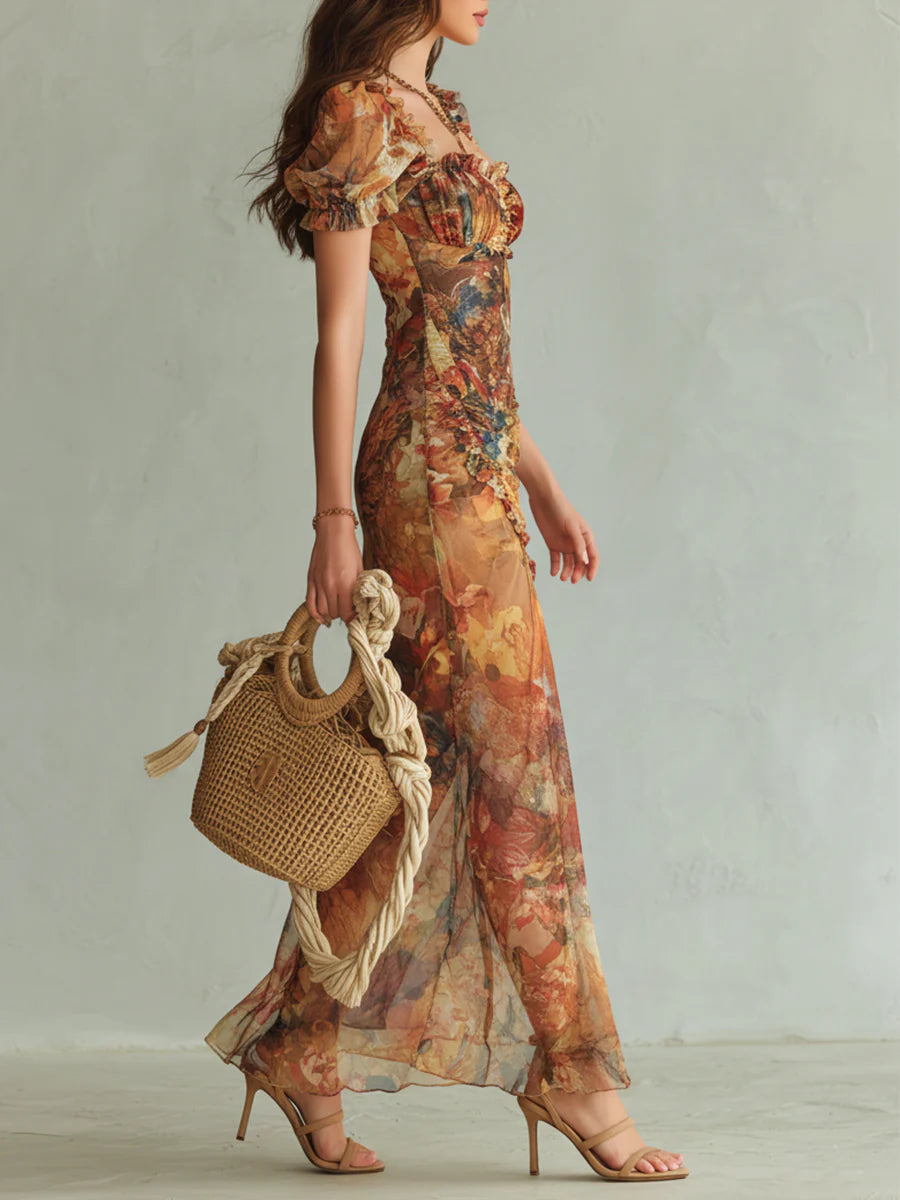 Gabriel Moreno - Vestido Maxi en Chifón Naranja Bohemio con Estampado Pintura al Óleo