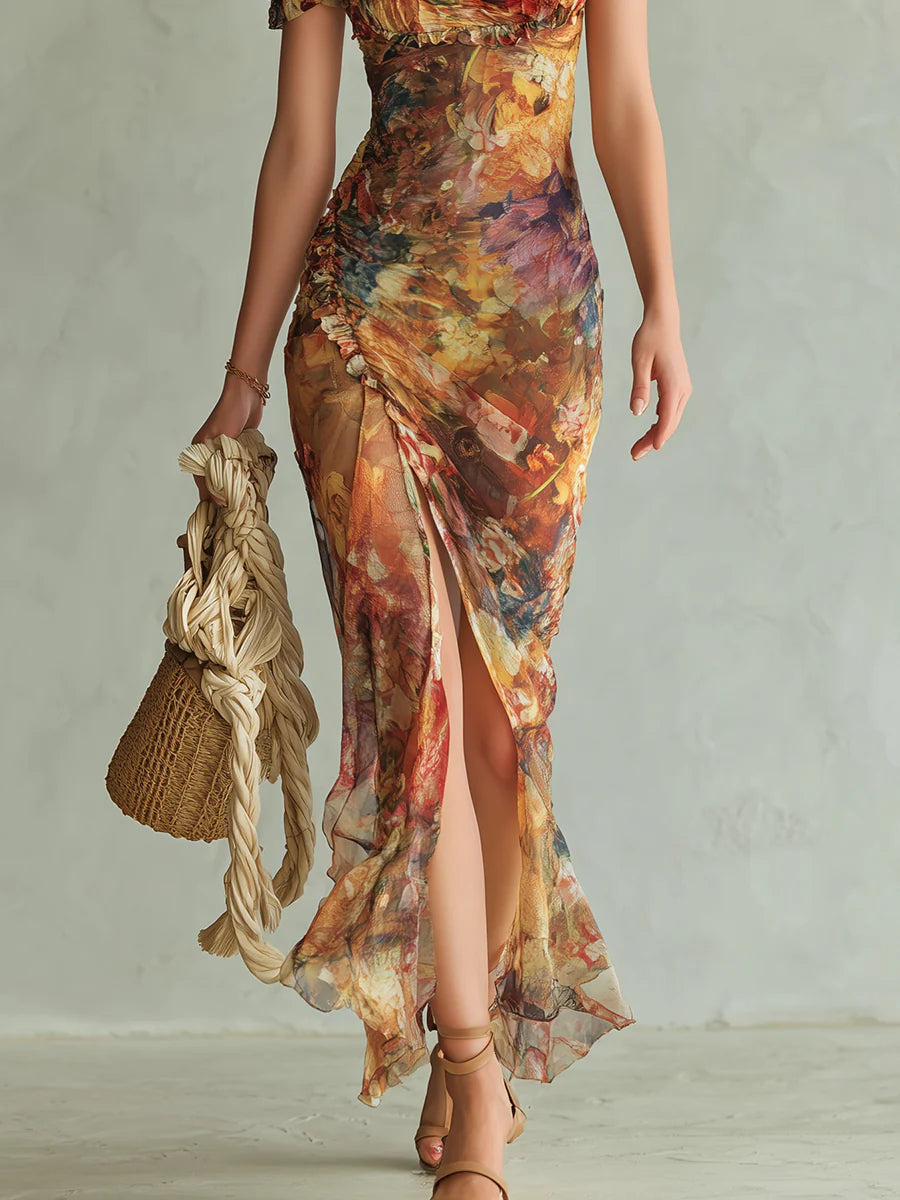 Gabriel Moreno - Vestido Maxi en Chifón Naranja Bohemio con Estampado Pintura al Óleo