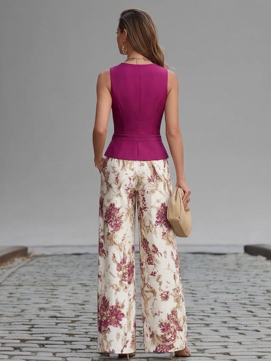 Gabriel Moreno - Chaleco Sin Mangas Rosa y Pantalones Amplios Estampados con Flores