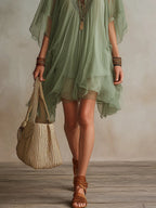 Gabriel Moreno - Vestido Mini Fluido en Chifón Verde con Escote en V