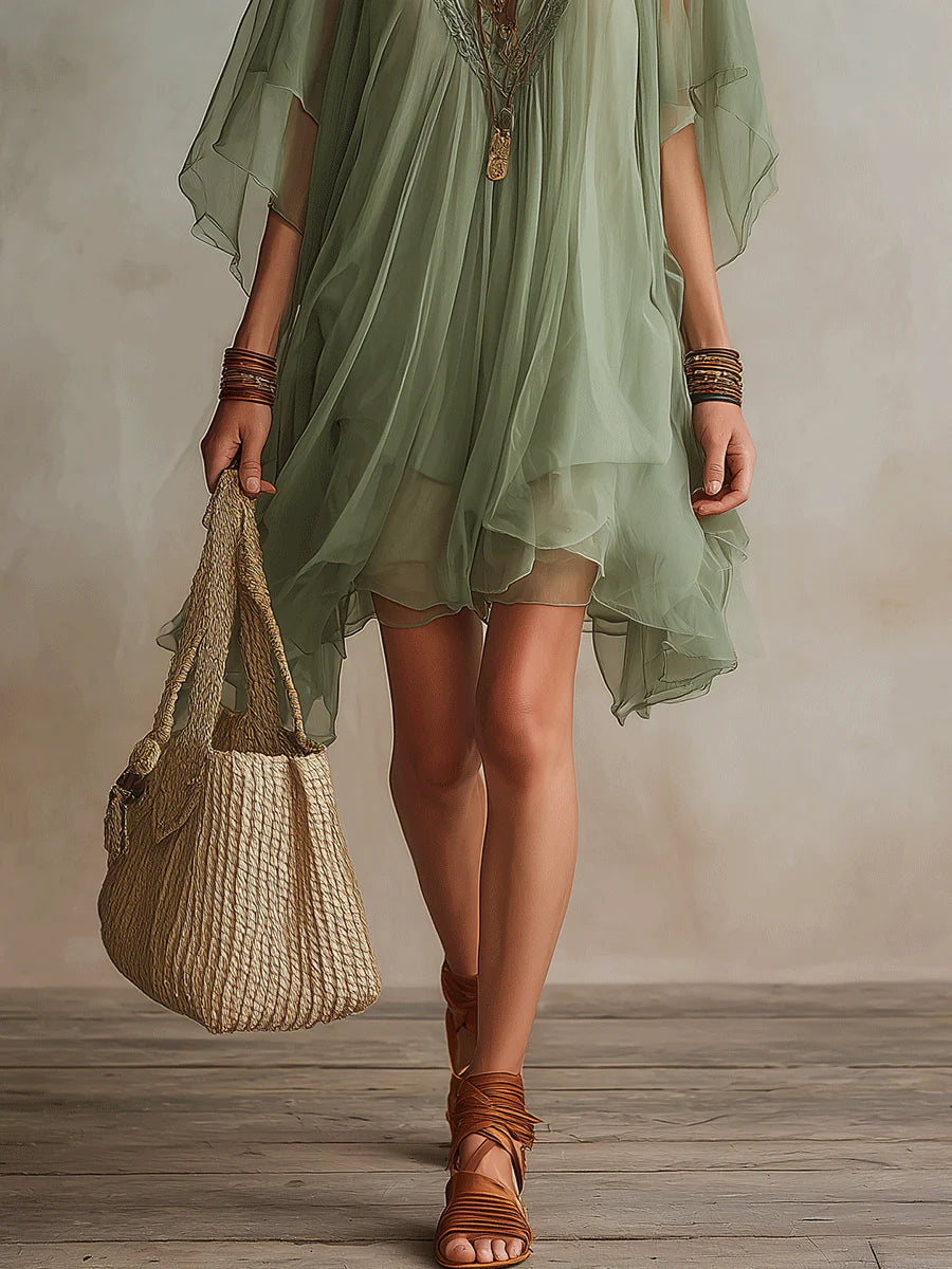 Gabriel Moreno - Vestido Mini Fluido en Chifón Verde con Escote en V