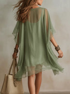 Gabriel Moreno - Vestido Mini Fluido en Chifón Verde con Escote en V
