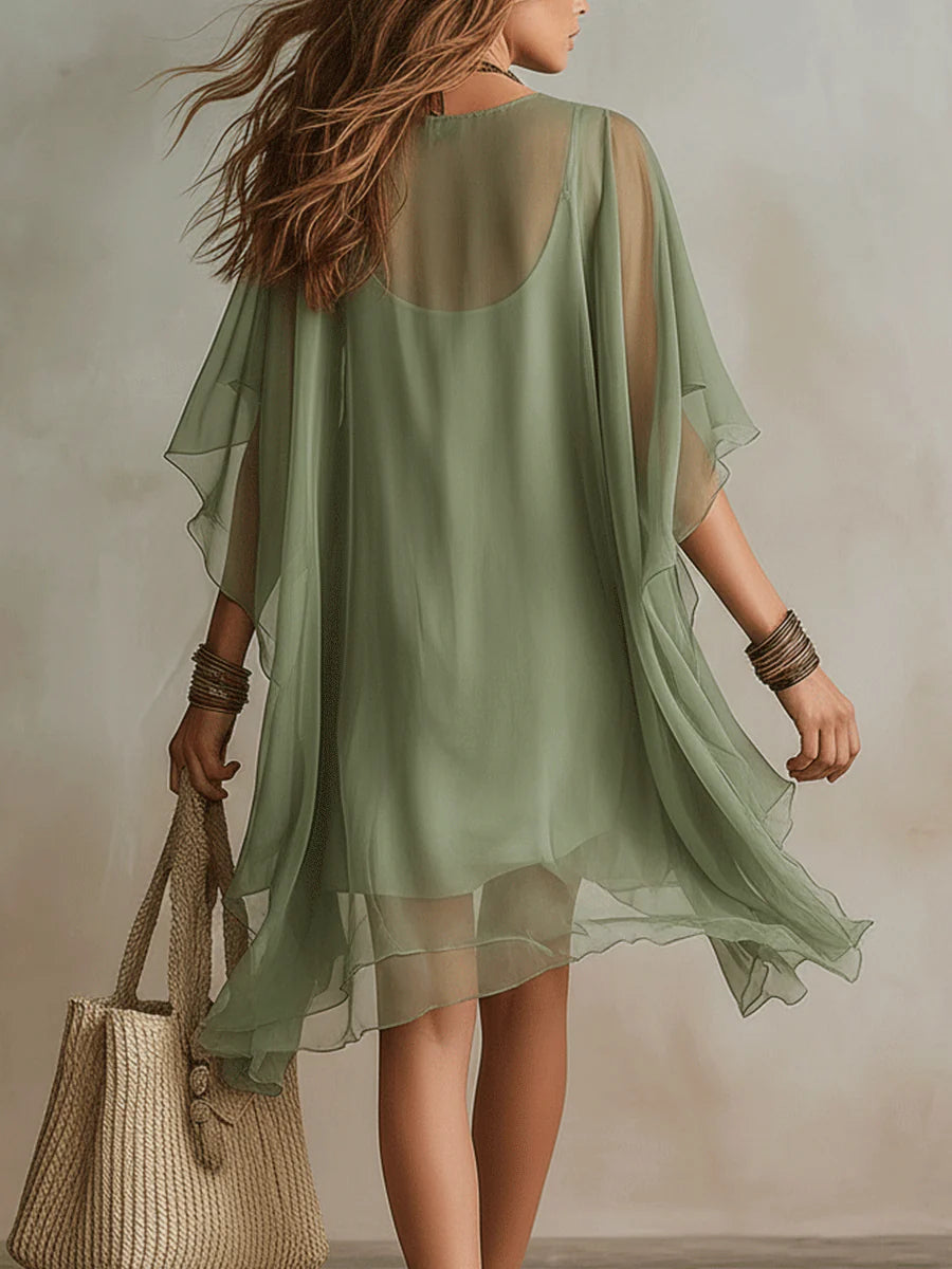 Gabriel Moreno - Vestido Mini Fluido en Chifón Verde con Escote en V