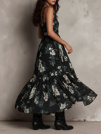 Gabriel Moreno - Vestido Maxi Sin Tirantes Irregular con Estampado Floral Bohemio Negro